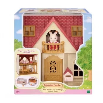 EPOCH Sylvanian Families Starter House – Raudono stogo serijos lėlių namelis su Freya šokoladine triušyte ir 10 baldų