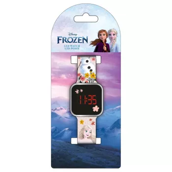 PULIO skaitmeninis laikrodis su LED ekranu Diakakis - Frozen vaikiškas laikrodis su raudonu LED ekranu, mėlyno/violetinio silikono dirželiu, oficiali Disney Frozen tema