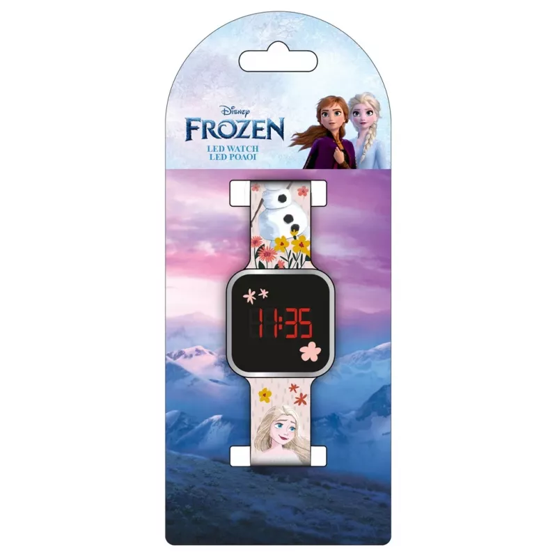 PULIO skaitmeninis laikrodis su LED ekranu Diakakis - Frozen vaikiškas laikrodis su raudonu LED ekranu, mėlyno/violetinio silikono dirželiu, oficiali Disney Frozen tema
