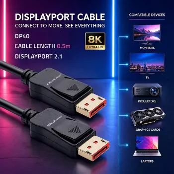 QOLTEC DisplayPort kabelis M/M V2.1 40G 0,5 m