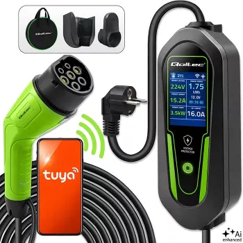 Qoltec Portable EV Charger Type 2 į Schuko 3.5kW 16A 5m laidas su Wi-Fi ir LCD