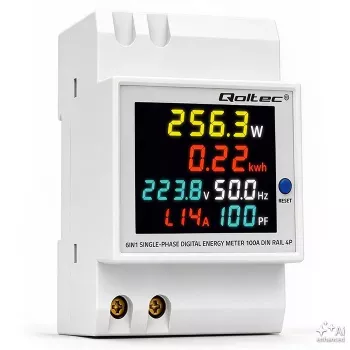 Qoltec 50977 vienfazis 6-in-1 DIN bėgio energijos skaitiklis su 100A srovės transformatoriumi, 230V, LCD, impulsų išėjimu