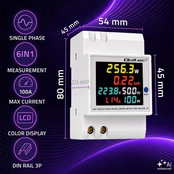 Qoltec 50977 vienfazis 6-in-1 DIN bėgio energijos skaitiklis su 100A srovės transformatoriumi, 230V, LCD, impulsų išėjimu