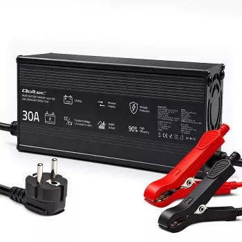 Qoltec LiFePO4 baterijų įkroviklis 12V 30A su LED indikatoriais ir intelektualiu 3 pakopų įkrovimu