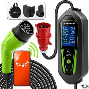 Qoltec Type 2 EV įkroviklis su reguliuojama srove, 7 kW, 230 V, CEE 32 A, Wi-Fi, Tuya Smart Life, LCD, 5 m laidas