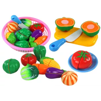 LEAN TOYS Velcro daržovės krepšelyje – 8 dalių žaidimų maisto rinkinys su lėkšte ir peiliu