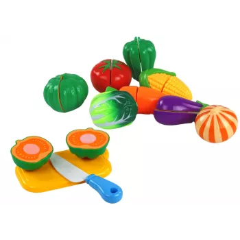 LEAN TOYS Velcro daržovės krepšelyje – 8 dalių žaidimų maisto rinkinys su lėkšte ir peiliu
