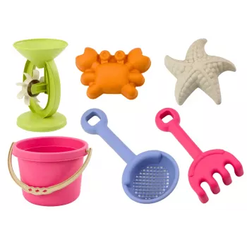 LEAN TOYS smėlio žaislų rinkinys su kibirėliu, smėlio malūnėliu, sieteliu ir 3 pastelinėmis formelėmis (6 vnt.)