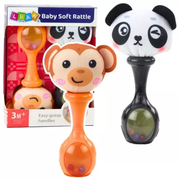 LEAN TOYS Rattle rinkinys su minkštais kamuoliukais, beždžionės ir pandos raštais, 2 vnt.