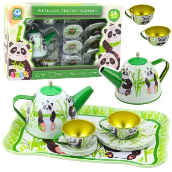 LEAN TOYS Panda Green Metal Tea Set 14-Piece | Vaikiškas skardinis arbatinukas, puodeliai, lėkštutės ir padėklas | Vaidmenų žaidimų virtuvės rinkinys nuo 3 metų