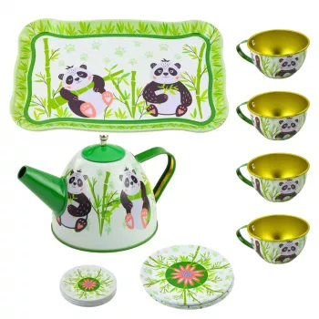 LEAN TOYS Panda Green Metal Tea Set 14-Piece | Vaikiškas skardinis arbatinukas, puodeliai, lėkštutės ir padėklas | Vaidmenų žaidimų virtuvės rinkinys nuo 3 metų