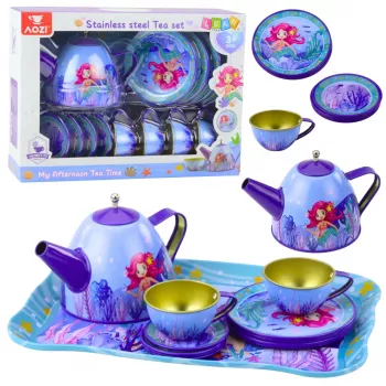 LEAN TOYS vaikų metalinis arbatos servizas su puodeliais, virduliu ir padėklu Mermaid