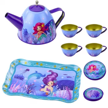 LEAN TOYS vaikų metalinis arbatos servizas su puodeliais, virduliu ir padėklu Mermaid