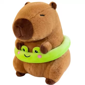 LEAN TOYS minkšta kapibara su žaliu gelbėjimosi ratu ir varle, ruda, 20 cm