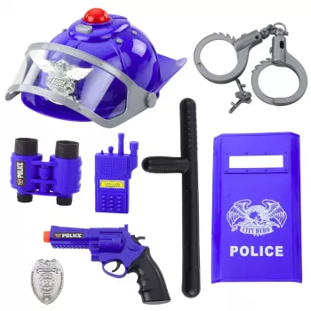 LEAN TOYS policijos rinkinys vaikams su šalmu, pistoletu, antrankiais – 9 dalių