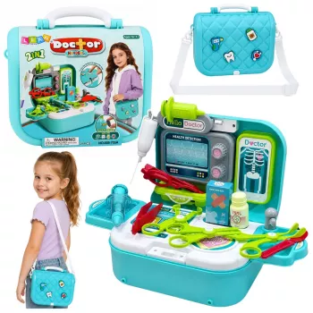LEAN TOYS 2-in-1 medicinos rinkinys lagamine, nešiojama gydytojo kabinetas, aksesuarai, mėlyna