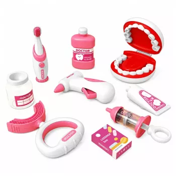 LEAN TOYS Little Dentist rinkinys su vibruojančiu dantų šepetėliu, rožinis, 15 dalių