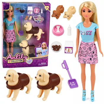 LEAN TOYS Anlily Big Dogs lėlė su šuneliu ir priežiūros aksesuarais