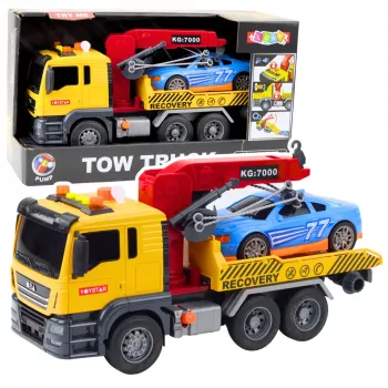 LEAN TOYS vilkikas su kranu ir lenktyniniu automobiliu – šviesos ir garso efektų žaidimų rinkinys