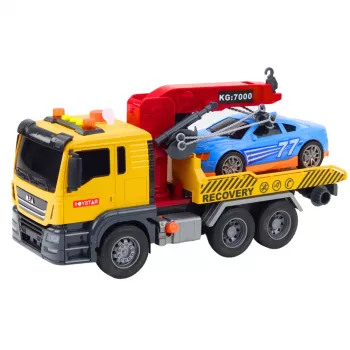 LEAN TOYS vilkikas su kranu ir lenktyniniu automobiliu – šviesos ir garso efektų žaidimų rinkinys