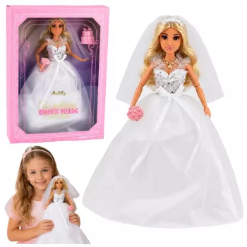 LEAN TOYS Anlily nuotakos lėlė su blizgančia suknele, šydu, puokšte, tortu ir bateliais, 29 cm
