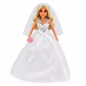 LEAN TOYS Anlily nuotakos lėlė su blizgančia suknele, šydu, puokšte, tortu ir bateliais, 29 cm