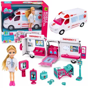 LEAN TOYS Sulankstomas greitosios pagalbos automobilis lėlėms su ligoninės mini aksesuarais – 11 dalių