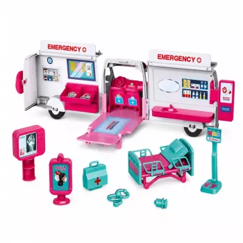 LEAN TOYS Sulankstomas greitosios pagalbos automobilis lėlėms su ligoninės mini aksesuarais – 11 dalių