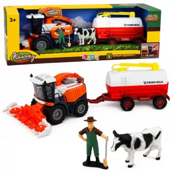 LEAN TOYS kombainas su pienovežiu, ūkininko ir karvės figūrėlėmis, šviesos ir garso efektai, 4 dalių ūkio žaidimų rinkinys