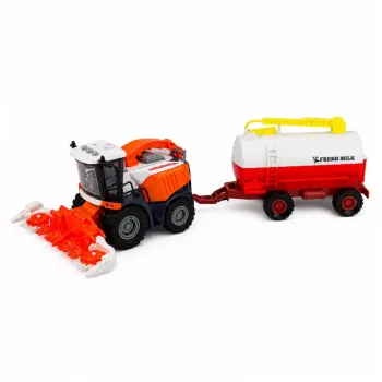 LEAN TOYS kombainas su pienovežiu, ūkininko ir karvės figūrėlėmis, šviesos ir garso efektai, 4 dalių ūkio žaidimų rinkinys