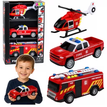 LEAN TOYS Gaisrinės transporto priemonių rinkinys: sraigtasparnis ir automobilis su šviesomis ir garsais 1:32