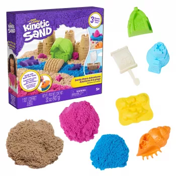 Kinetic Sand Beach Adventure Set – 907 g smėlio 3 spalvų su formelėmis, įrankiu ir padėklu