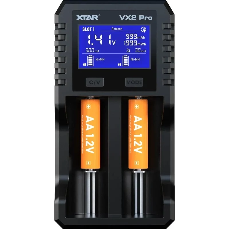 XTAR VX2 PRO SET daugiachemijos išmanusis akumuliatorių įkroviklis su USB-C įvestimi ir power bank funkcija