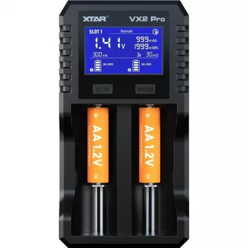 XTAR VX2 PRO KT 2 lizdų Li-ion akumuliatorių įkroviklis su USB-C QC3.0 ir Power Bank funkcija