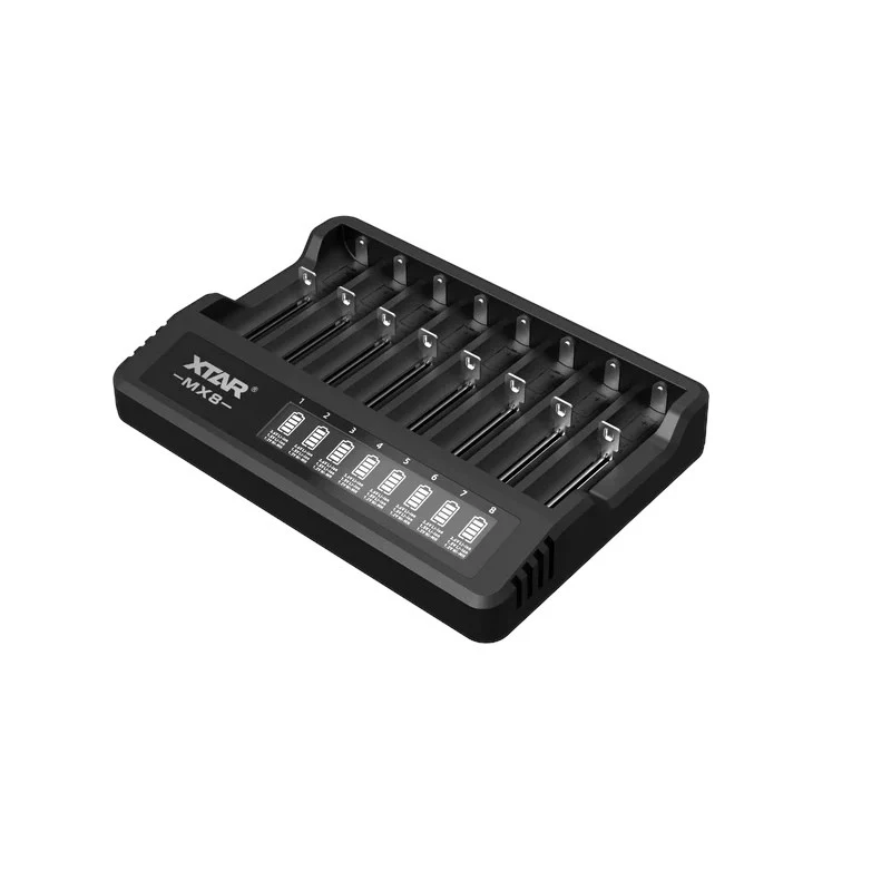 XTAR MX8 8 lizdų USB-C universalus baterijų įkroviklis, skirtas Li-ion/Ni-MH, 0,25A-2A, LED indikatoriais, 0V aktyvinimas