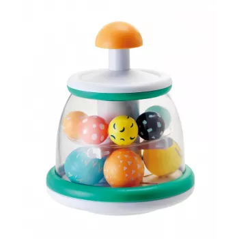 B-KIDS Rollabout Ball Top Infantino – mėtinės spalvos rikiavimo ir sukimosi žaislas su barškančiais karoliukais kūdikiams nuo 6 mėn.