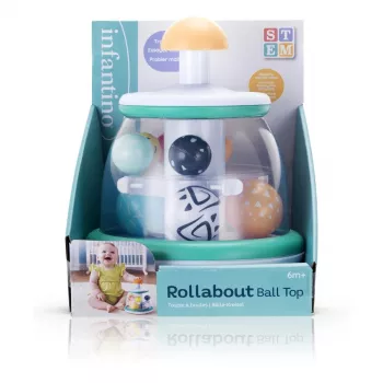 B-KIDS Rollabout Ball Top Infantino – mėtinės spalvos rikiavimo ir sukimosi žaislas su barškančiais karoliukais kūdikiams nuo 6 mėn.