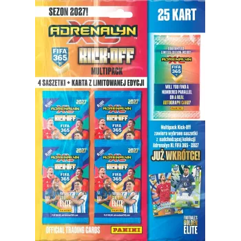 Panini FIFA 365 2027 Adrenalyn XL prekybos kortelių rinkinys Kick off – 6 papildymo pakelių + 2 riboto leidimo kortelės