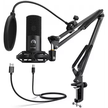 FIFINE T669 USB mikrofonų rinkinys su strypine ranka, amortizatoriumi, pop filtru, vėjo gaubtu, stalo spaustuku ir 2,5 m kabeliu