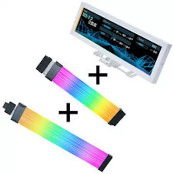 Lian Li Visual Upgrade Kit Strimer Wireless 24 kontaktų RGB pagrindinės plokštės kabelis, valdiklis + 12V-2x6 GPU kabelis Wide ir 8,8 colio universalus ekranas - baltas
