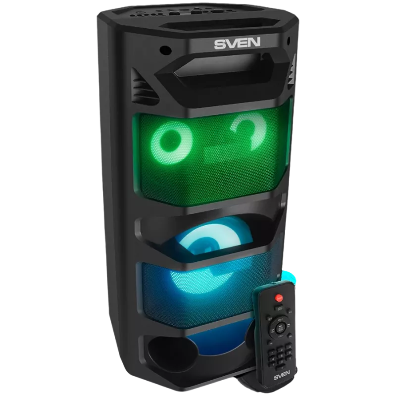 Nešiojamas 2.0 garsiakalbis SVEN PS-670, juodas, galia 2x32,5W (RMS), TWS, Bluetooth, FM, USB, microSD, LED ekranas, nuotolinio valdymo pultas, ličio baterija