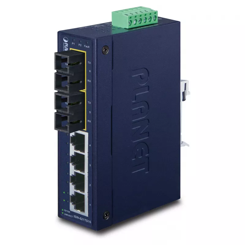 PLANET ISW-621TS15 Industrial Unmanaged L2 Fast Ethernet Switch su 4x 10/100 + 2x 100Base-FX SC Multi-mode, DIN-Rail/Wall-Mount, -40 iki 75°C