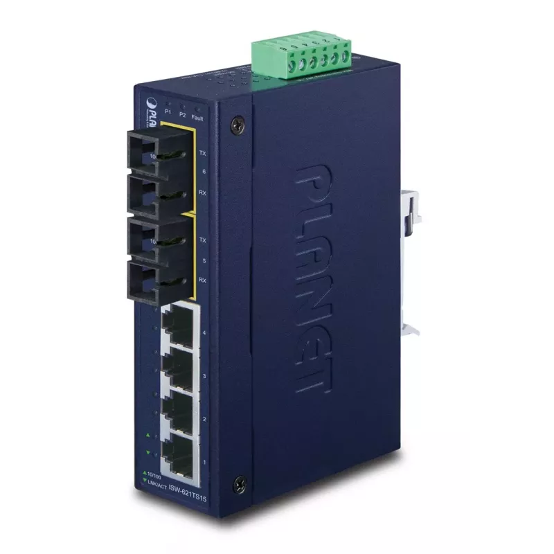 PLANET ISW-621TS15 Industrial Unmanaged L2 Fast Ethernet Switch su 4x 10/100 + 2x 100Base-FX SC Multi-mode, DIN-Rail/Wall-Mount, -40 iki 75°C