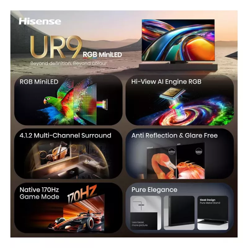 HISENSE 65UR9DS 65 colių 4K UHD RGB MiniLED išmanusis televizorius, 170Hz, 6ms, HDR, WiFi, Bluetooth, juoda/pilka