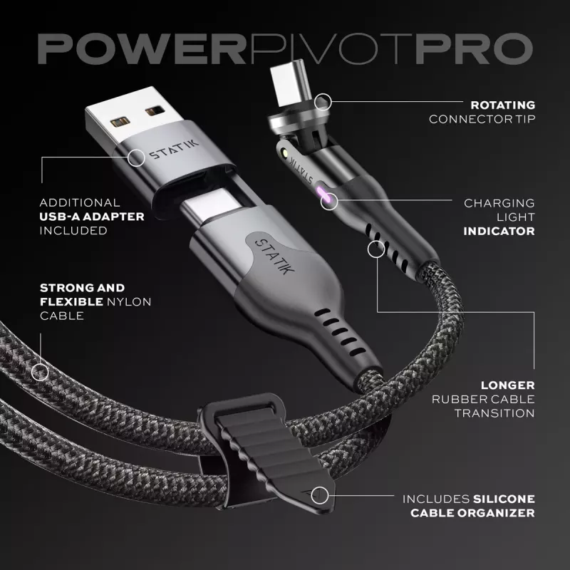 STATIK PowerPivot Pro Nylon Braided USB-C to USB-C laidas 3m juodas