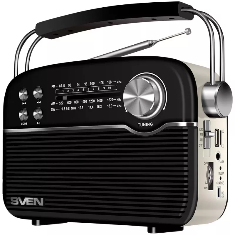 Nešiojamas garsiakalbis SVEN SRP-500, juodas (3W, Bluetooth, FM/AM/SW, USB, microSD, AUX, baterija)