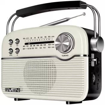 SVEN SRP-500 nešiojamas Bluetooth garsiakalbis, baltas (3W, FM/AM/SW radijas, USB, microSD, AUX, baterija)