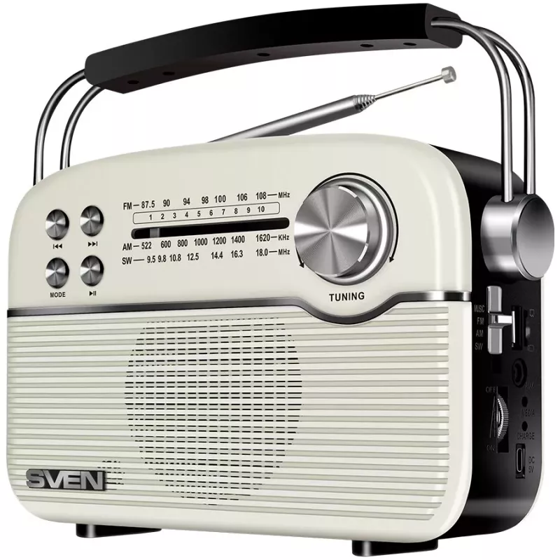 SVEN SRP-500 nešiojamas Bluetooth garsiakalbis, baltas (3W, FM/AM/SW radijas, USB, microSD, AUX, baterija)