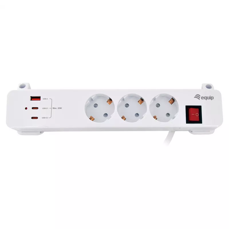 Equip Power Strip CEE 7/7 90° to 3x Schuko / 2x USB-C + USB-A, White, 1,5m