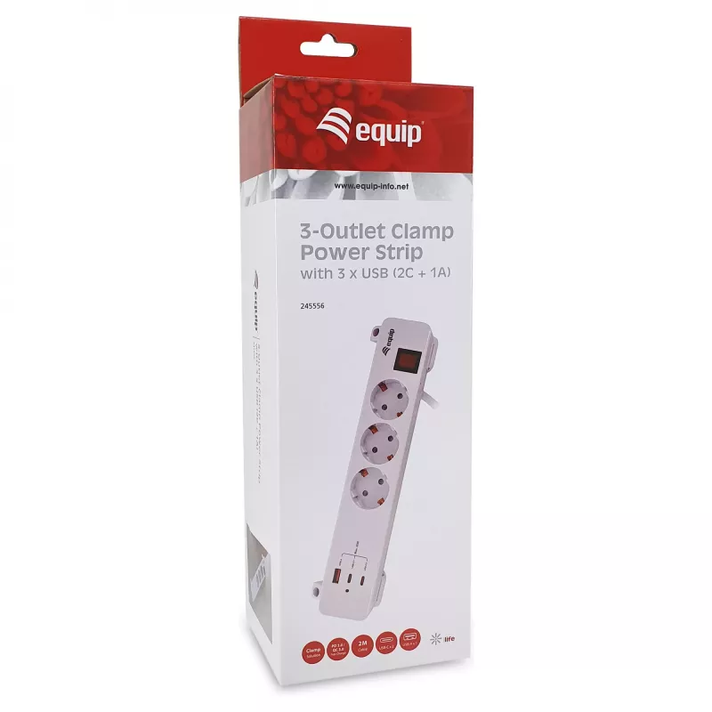 Equip Power Strip CEE 7/7 90° to 3x Schuko / 2x USB-C + USB-A, White, 1,5m